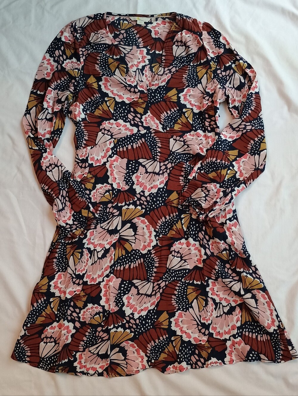 Boden Knee Length Dress Women's UK 10 US 6 Butterfly Print V Neck Long Sleeve